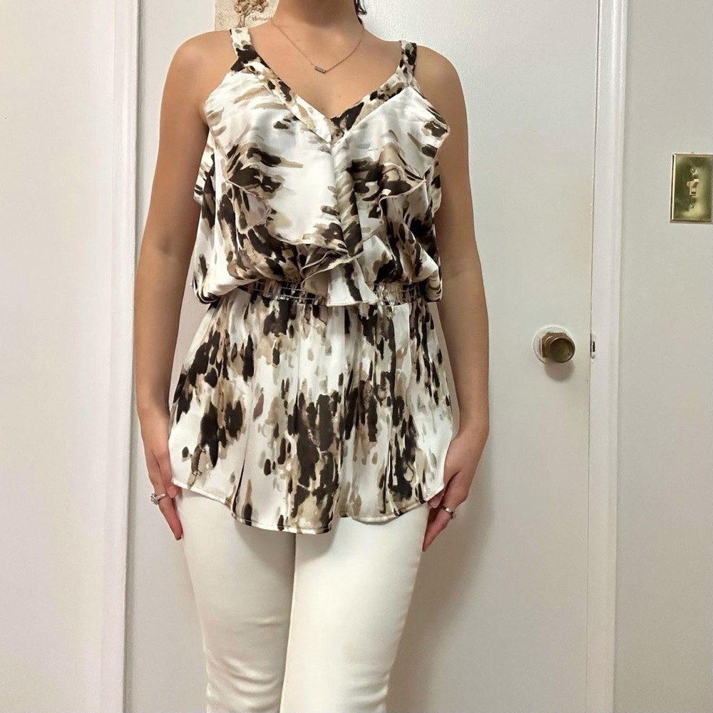 RW&CO Satin Print Top With Ruffle Detail White and Brown Size Large